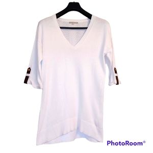 JOAN VASS White V Neck Women's Sweater Faux Leather Roll Up Sleeve Strap…